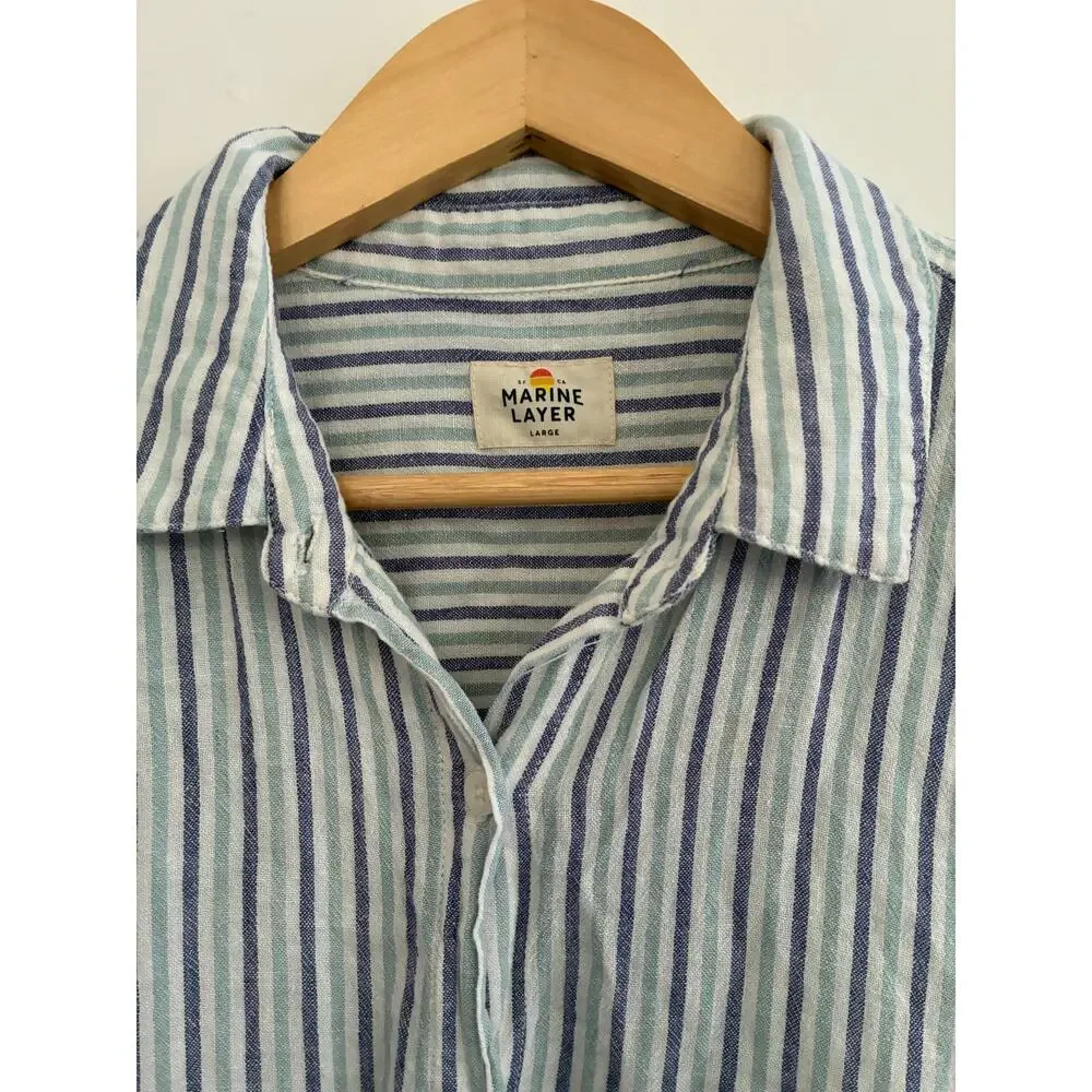Marine Layer Striped Button Down Blouse Womens Large Nautical Casual Beach Linen - Picture 4 of 10